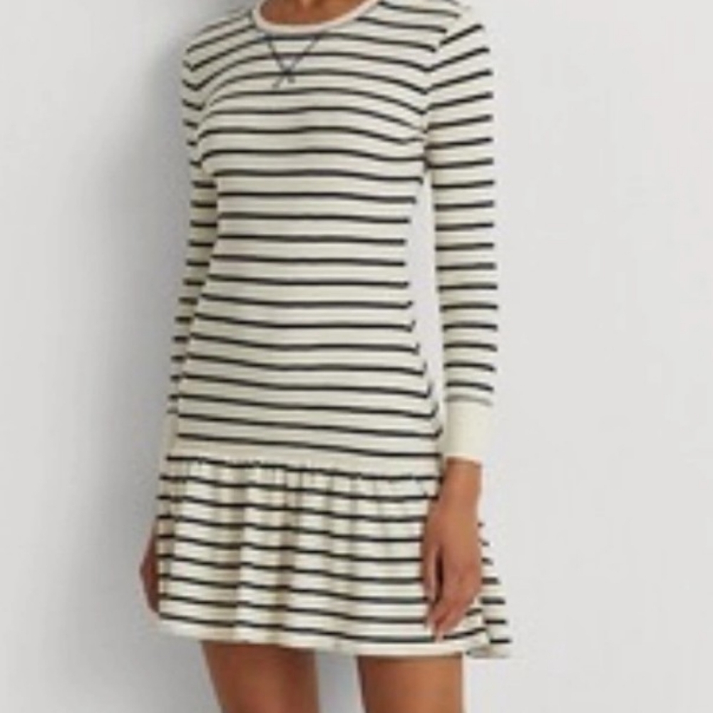 POLO RALPH LAUREN Cotton Navy Stripe Flounce Boatneck Dress Size XL